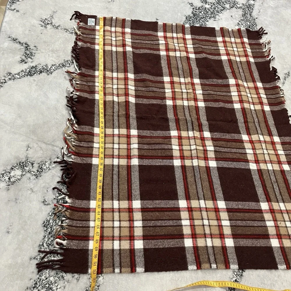 Faribault Woolen Mill Plaid Wool Throw Blanket Brown Red Cream Fringe